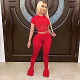 Net Yarn Stitching Short Sleeve Bell-Bottom Trousers Two-Piece Set TE-4026