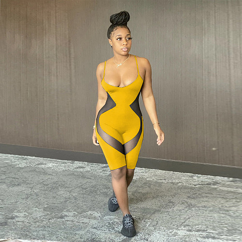 Sexy Solid-Color Mesh Spliced Condole Belt Romper YUM-9001