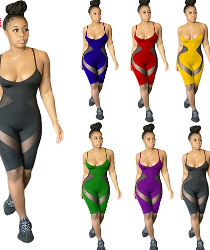 Sexy Solid-Color Mesh Spliced Condole Belt Romper YUM-9001