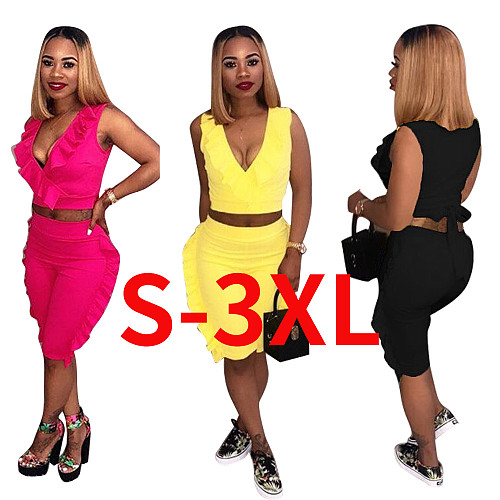 Bow Ruffle Sleeveless V-neck+Half Shorts Set LSD-8111