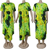 Large Size Irregular Bottom Print Round Neck Short Sleeves Maxi Dress NY-8908