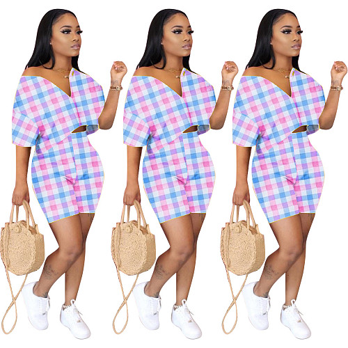 Lattice Printed Loose Zip V-neck Fashion Two Pieces Set HMS-5303