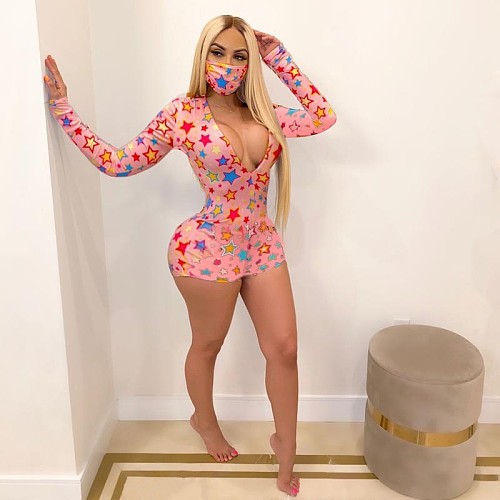 Colorful Star Print V-neck Long Sleeve Romper With Mask QZX-6129