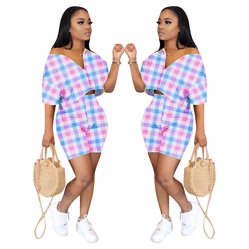 Lattice Printed Loose Zip V-neck Fashion Two Pieces Set HMS-5303