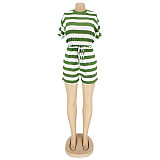 Casual Striped Round Neck Shorts Two Pieces Set AIL-091