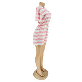 Casual Striped Round Neck Shorts Two Pieces Set AIL-091