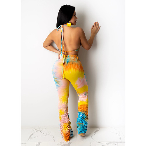 Tie-dye Pleated Trouser Leg+Bare Waist Vest Two-piece Set CHY-1233