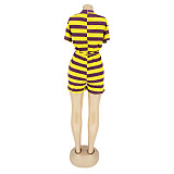 Casual Striped Round Neck Shorts Two Pieces Set AIL-091