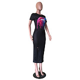 Colorful Lip Printed Personalized Burnt Flower Holes Dress OD-8340