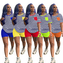 Summer Horizontal Stripe Round Neck+Solid Shorts Set SH-3768
