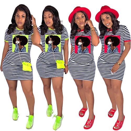 Striped Head Print Pocket Slim Wrap Hip Dress SH-3769