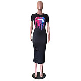 Colorful Lip Printed Personalized Burnt Flower Holes Dress OD-8340