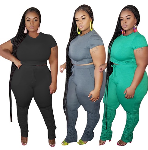 Solid Color Tight Foot Pleated Short Sleeve Casual Two - piece Set OSS-20735