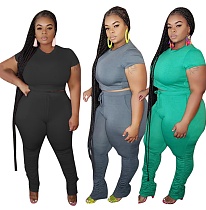 Solid Color Tight Foot Pleated Short Sleeve Casual Two - piece Set OSS-20735 Solid Color Tight Foot Pleated Short Sleeve Casual Two - piece Set OSS-20735