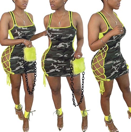 Sexy Camo Print Hollowed-out Side Lace Sleeveless Dress FNN-8385