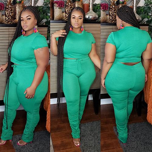 Solid Color Tight Foot Pleated Short Sleeve Casual Two - piece Set OSS-20735