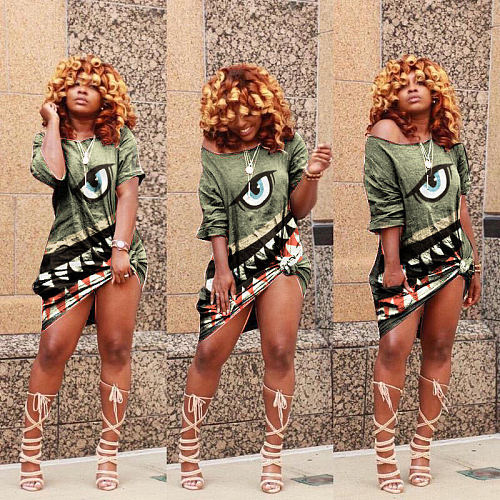 Hot Style Shark Head Print Short Sleeves Loose Dress HMS-5299