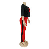 Lip Print Middle Sleeve T-shirt+ Contrast Color Trousers Two-piece Set AIL-099