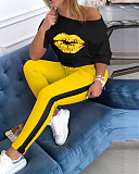 Lip Print Middle Sleeve T-shirt+ Contrast Color Trousers Two-piece Set AIL-099