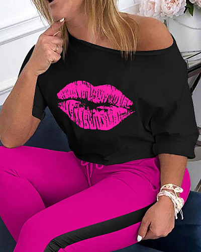 Lip Print Middle Sleeve T-shirt+ Contrast Color Trousers Two-piece Set AIL-099