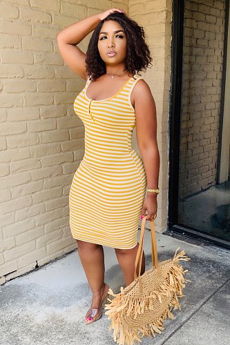 Summer Striped Round Neck Sleeveless Hip-Hugging Dress AIL-101