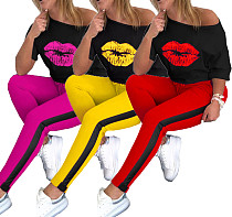 Lip Print Middle Sleeve T-shirt+ Contrast Color Trousers Two-piece Set AIL-099 Lip Print Middle Sleeve T-shirt+ Contrast Color Trousers Two-piece Set AIL-099