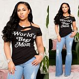 Casual Letter-Print Flowered Off-the-shoulder Short Sleeve T-shirt ML-7326