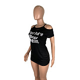 Casual Letter-Print Flowered Off-the-shoulder Short Sleeve T-shirt ML-7326