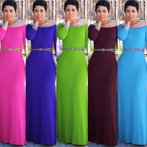Solid Off shoulder High Waist Evening Long Dress  RS-0293