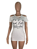 Casual Letter-Print Flowered Off-the-shoulder Short Sleeve T-shirt ML-7326