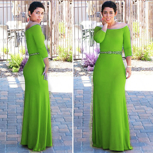 Solid Off shoulder High Waist Evening Long Dress  RS-0293