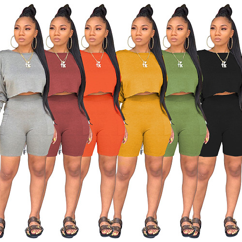 Fashion Round Neck Long Sleeve Hoodie Shorts Two-piece Set WY-6681