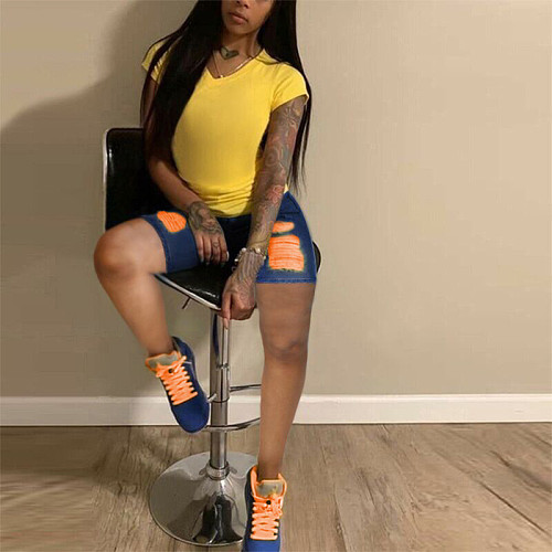 Women's Jeans Yellow Yarn Holes Shorts RS-905