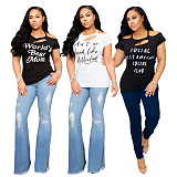 Casual Letter-Print Flowered Off-the-shoulder Short Sleeve T-shirt ML-7326