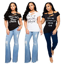 Casual Letter-Print Flowered Off-the-shoulder Short Sleeve T-shirt ML-7326