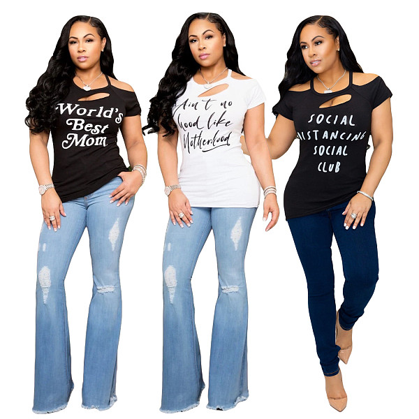 Casual Letter-Print Flowered Off-the-shoulder Short Sleeve T-shirt ML-7326