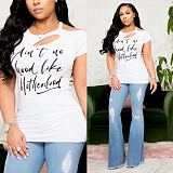 Casual Letter-Print Flowered Off-the-shoulder Short Sleeve T-shirt ML-7326