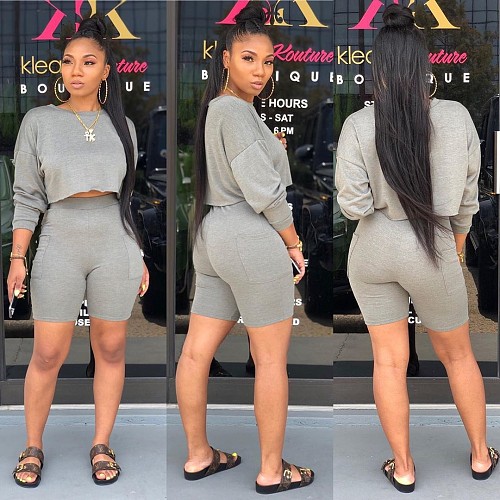 Fashion Round Neck Long Sleeve Hoodie Shorts Two-piece Set WY-6681