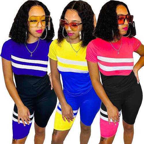 Multicolor Stripe Print Short Sleeve Casual Two-piece Set LS-0306