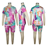 Multicolor Printed Casual Short Sleeves Round Neck Two-Piece TE-4031