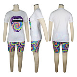 Multicolor Printed Casual Short Sleeves Round Neck Two-Piece TE-4031