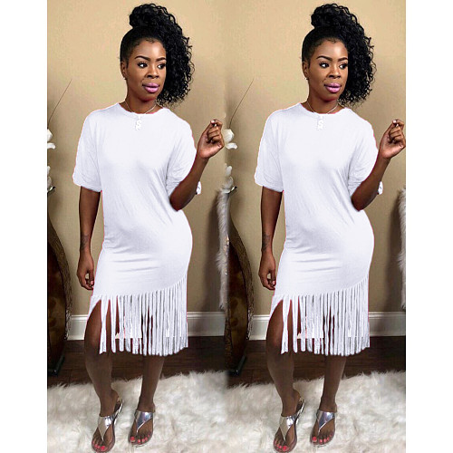 Round Neck Solid Fringe Hem Nightclub Casual Dress NY-8837