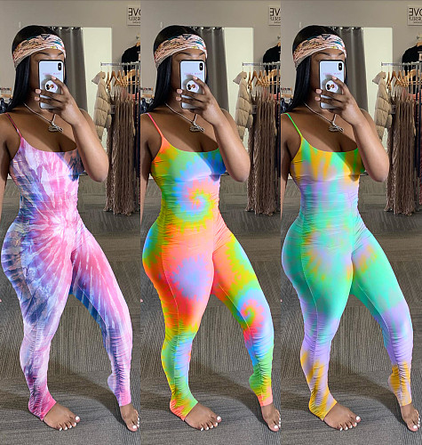 Fashion Tie Dye Printed Sling Tight Pleated Jumpsuit WSM-5143