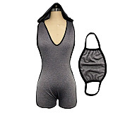 Solid Cotton Deep V - Neck Sleeveless Shorts Sport Romper With Mask ZS-0288