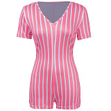 Zipper Striped Sexy Short Sleeve V-neck Romper RS-036053