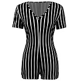Zipper Striped Sexy Short Sleeve V-neck Romper RS-036053