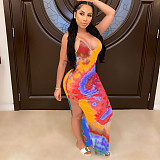 Irregular Tie - Dye Bind Backless Open Fork Maxi Dress AIL-103