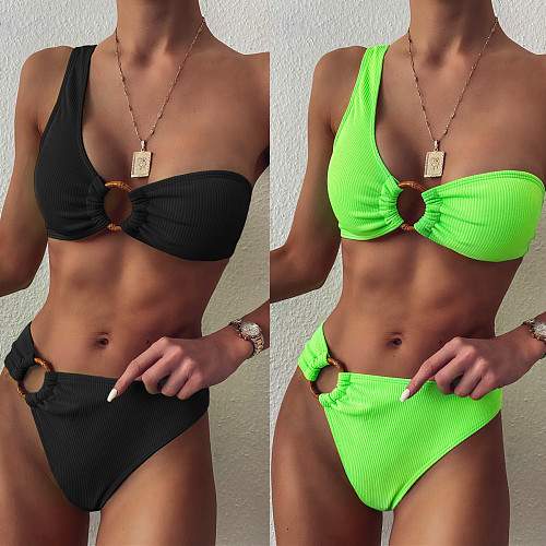Solid Color Pit Strip Fabric One-Shoulder Bikini XM-137