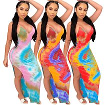 Irregular Tie - Dye Bind Backless Open Fork Maxi Dress AIL-103