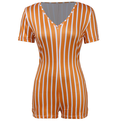 Zipper Striped Sexy Short Sleeve V-neck Romper RS-036053